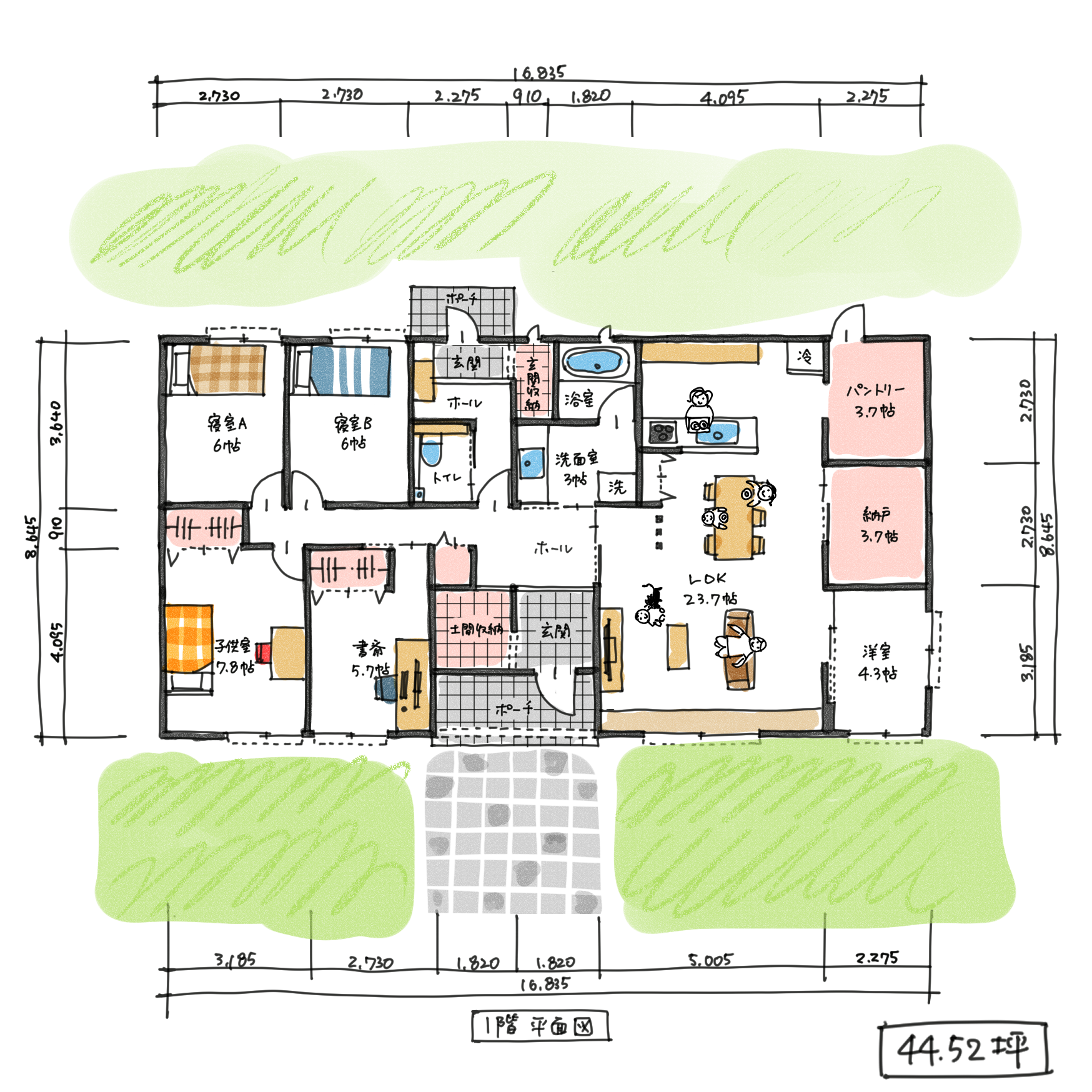 母屋とのつながりを大切にした平屋の間取り図